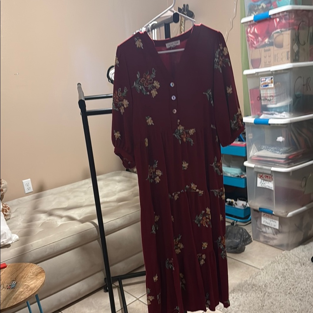 Red and Blue Casual Long Sleeve Sundress with Bishop Sleeves